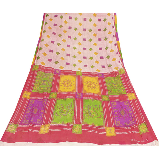 Sanskriti Vintage Sarees Red Bandhani Printed Pure Cotton Sari 5+yd Craft Fabric