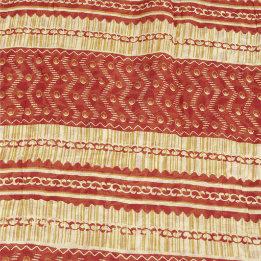 Sanskriti Vintage Sarees Cream & Red Pure Cotton Printed Sari 5+yd Craft Fabric