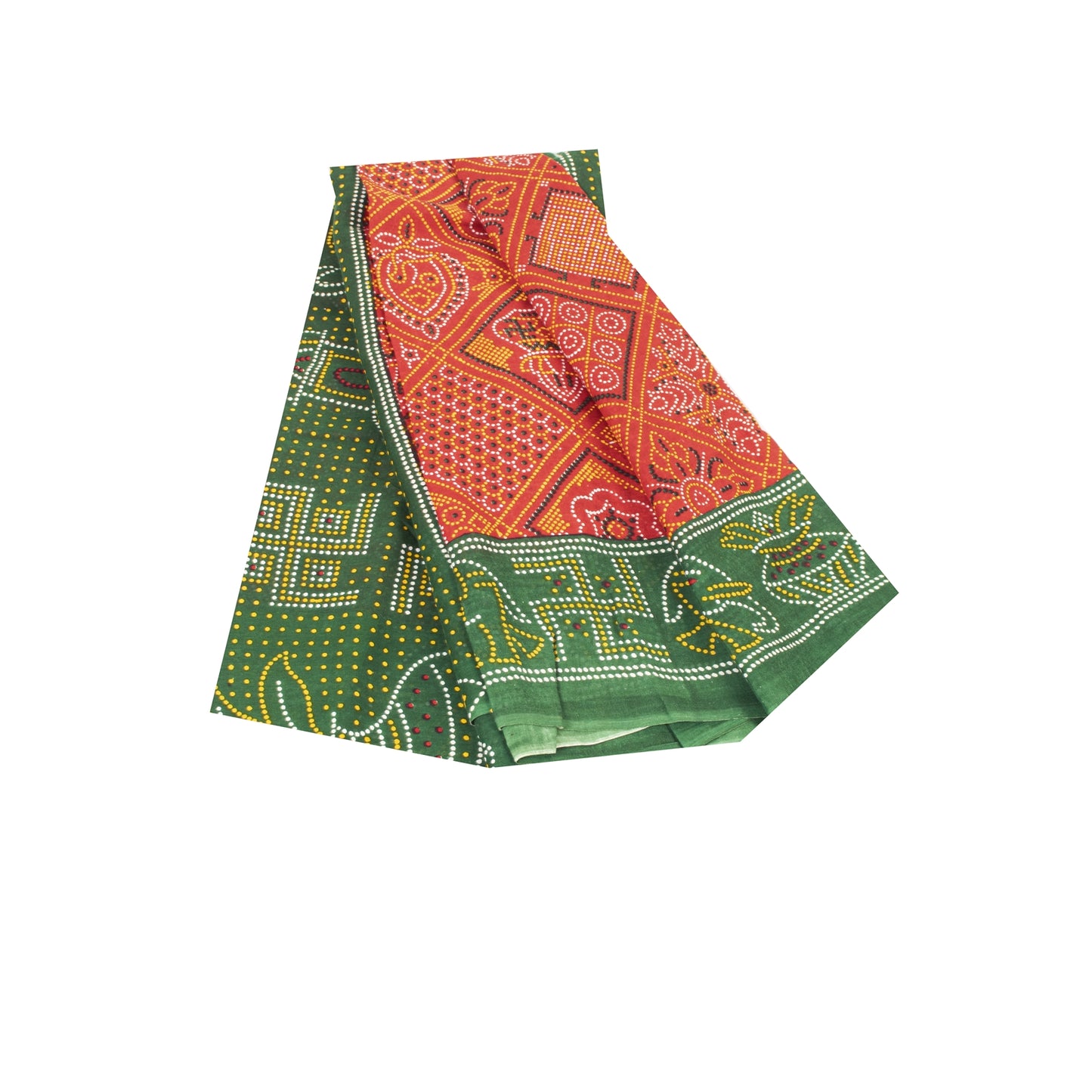 Sanskriti Vintage Sarees Orange PureCotton Bandhani AnimalPrint Sari 5+yd Fabric