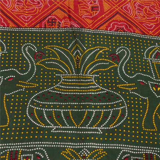 Sanskriti Vintage Sarees Orange PureCotton Bandhani AnimalPrint Sari 5+yd Fabric