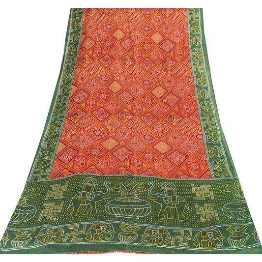 Sanskriti Vintage Sarees Orange PureCotton Bandhani AnimalPrint Sari 5+yd Fabric