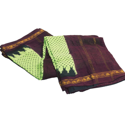 Sanskriti Vintage Sarees Green & RedPure Cotton Printed & Zari Woven 5+yd Fabric