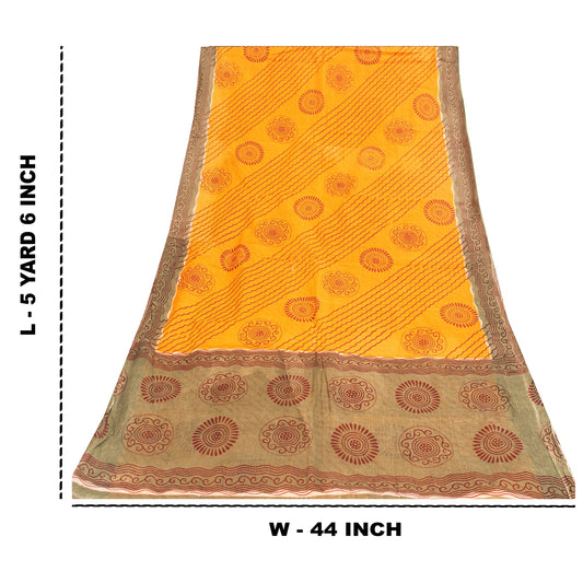 Sanskriti Vintage Sarees Indian Yellow Pure Cotton Print Sari 5+yd Craft Fabric