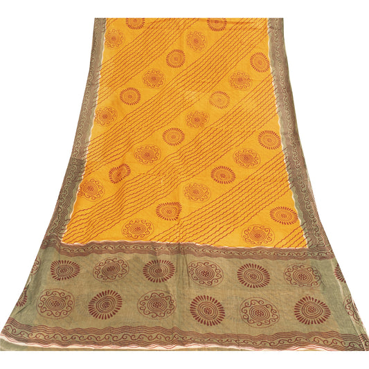 Sanskriti Vintage Sarees Indian Yellow Pure Cotton Print Sari 5+yd Craft Fabric
