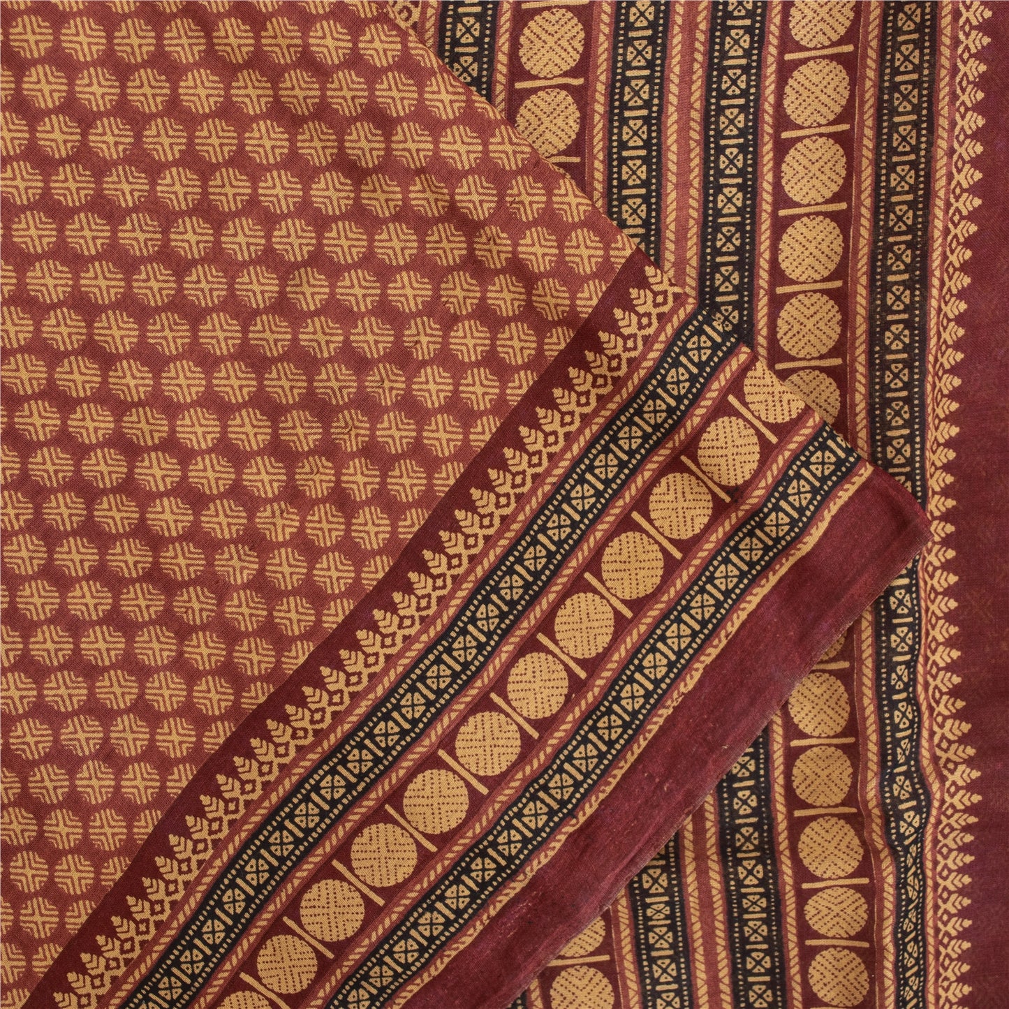 Sanskriti Vintage Sarees Brown Pure Cotton Geometric Printed Sari 5+yd Fabric