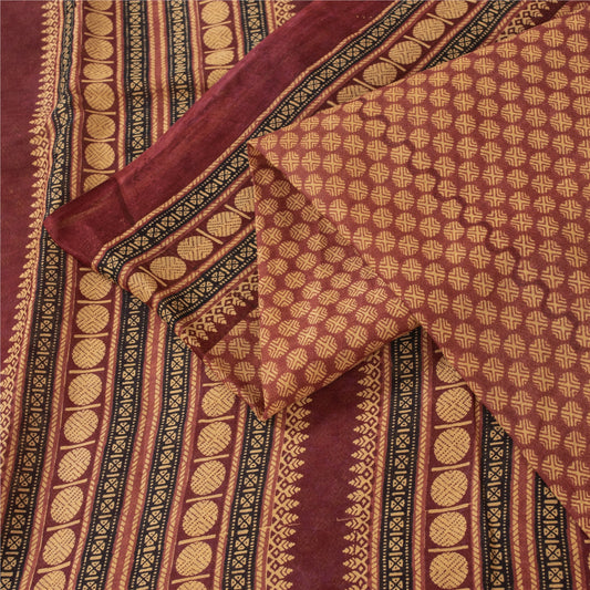 Sanskriti Vintage Sarees Brown Pure Cotton Geometric Printed Sari 5+yd Fabric