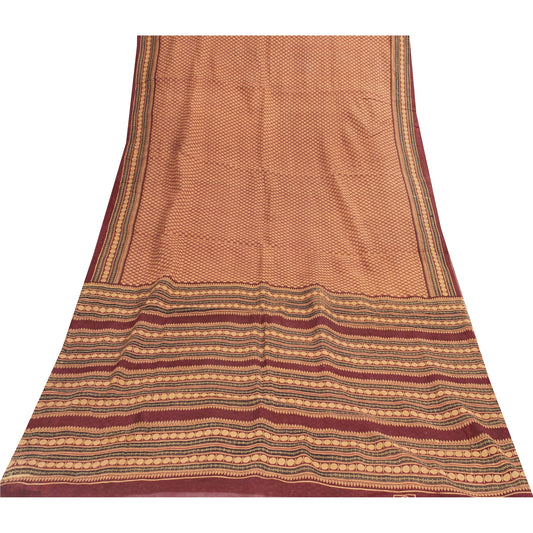 Sanskriti Vintage Sarees Brown Pure Cotton Geometric Printed Sari 5+yd Fabric