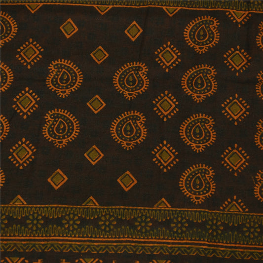 Sanskriti Vintage Sarees Indian Brown Pure Cotton Printed Sari 5+yd Craft Fabric