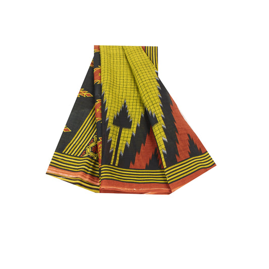 Sanskriti Vintage Sarees Green Pure Cotton Geometric Printed Sari 5+yd Fabric