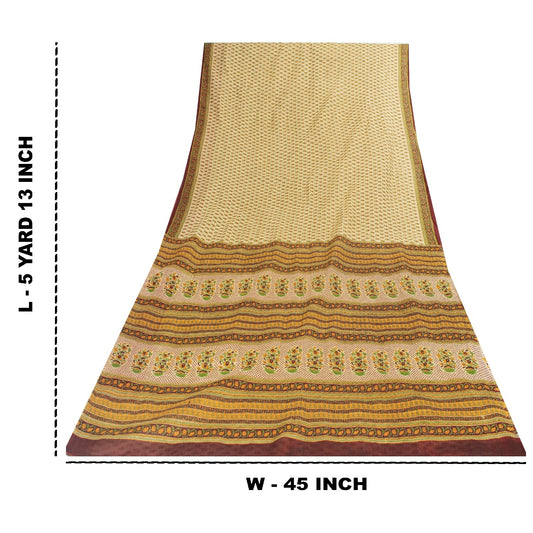 Sanskriti Vintage Sarees Cream Pure Cotton Floral Printed 5+yd Sari Craft Fabric