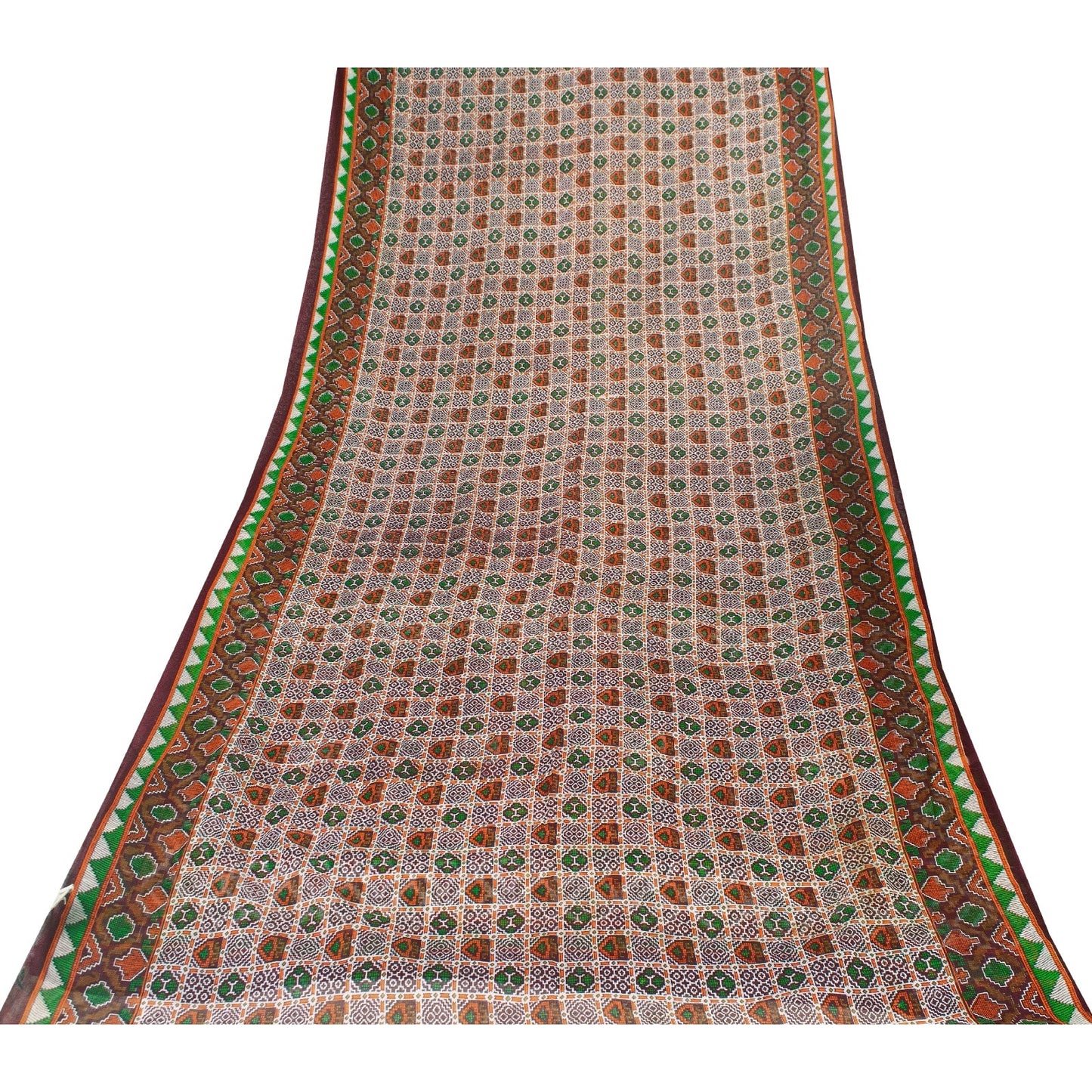 Sanskriti Vintage Sarees White Pure Cotton GeometricPrint 5+yd Sari Craft Fabric