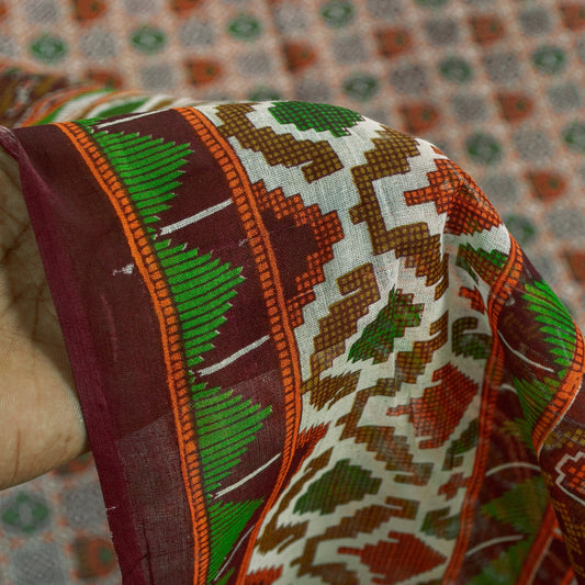 Sanskriti Vintage Sarees White Pure Cotton GeometricPrint 5+yd Sari Craft Fabric