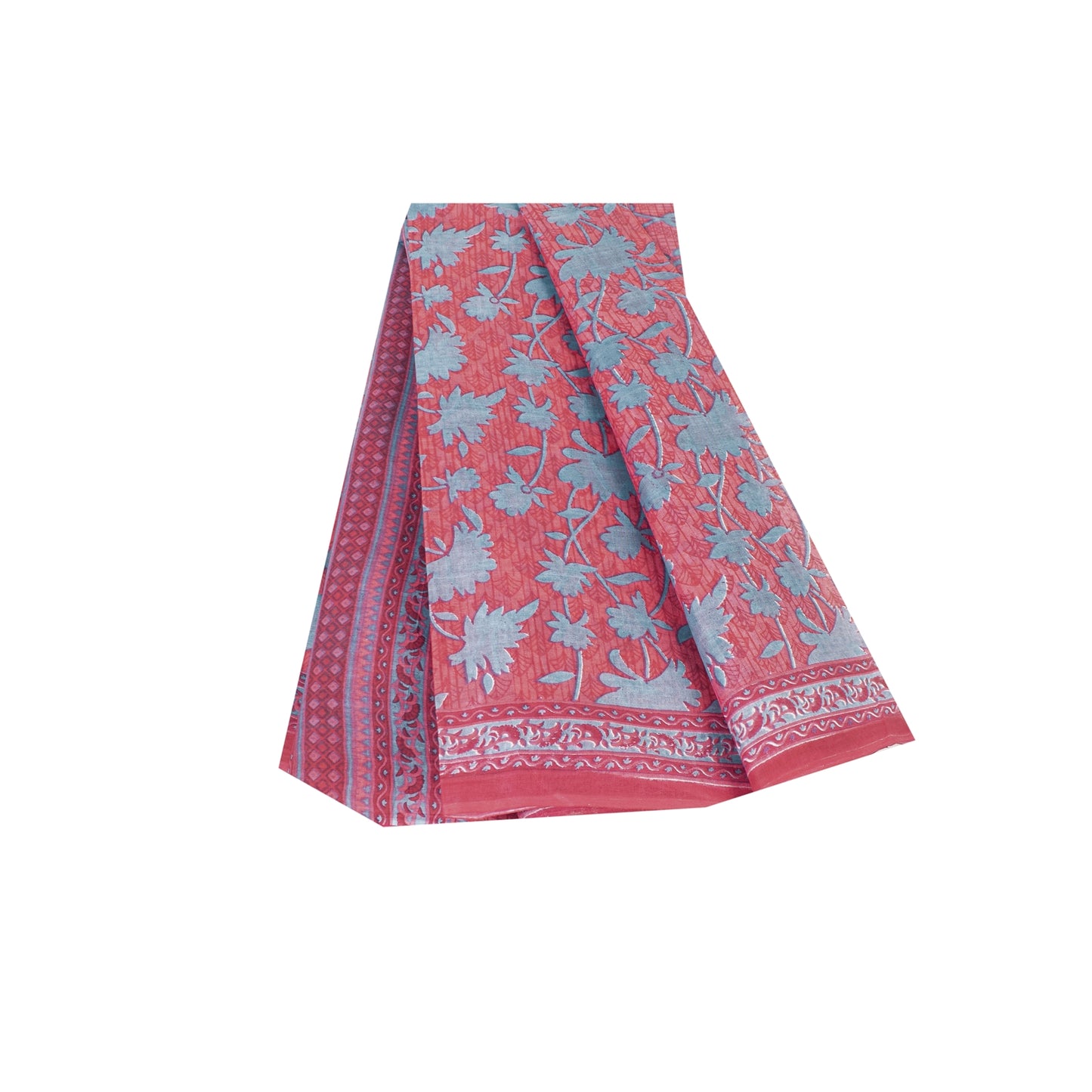 Sanskriti Vintage Sarees Red & Blue Pure Cotton Floral Print 5+yd Indian Sari