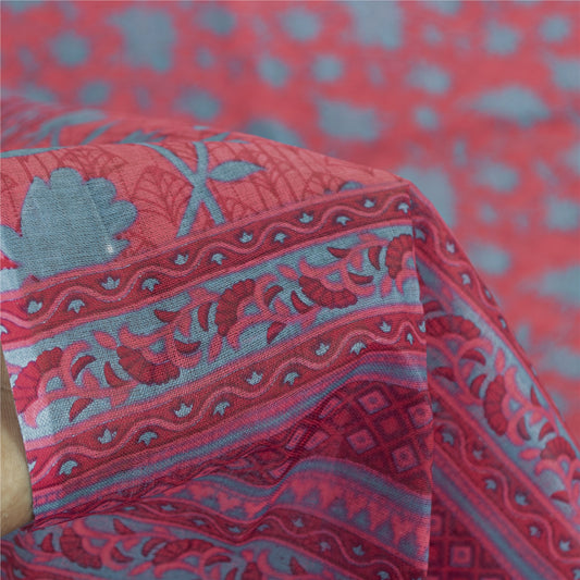 Sanskriti Vintage Sarees Red & Blue Pure Cotton Floral Print 5+yd Indian Sari