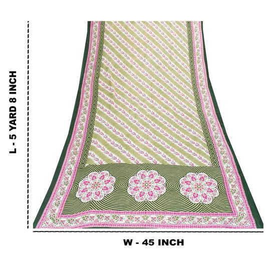 Sanskriti Vintage Sarees Green Pure Cotton FloralPrint 5+yd Sari Indian Material