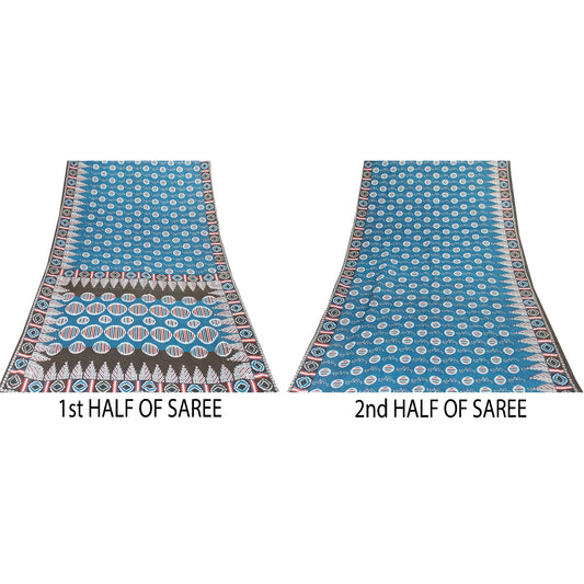 Sanskriti Vintage Sarees Blue Pure Cotton Geometric Print 5+yd Quilting Crafts