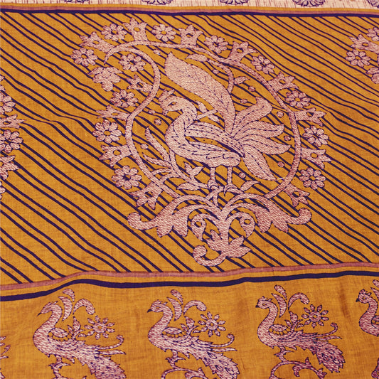 Sanskriti Vintage Sarees Yellow Pure Cotton Peacock Print Sari 5+yd Craft Fabric