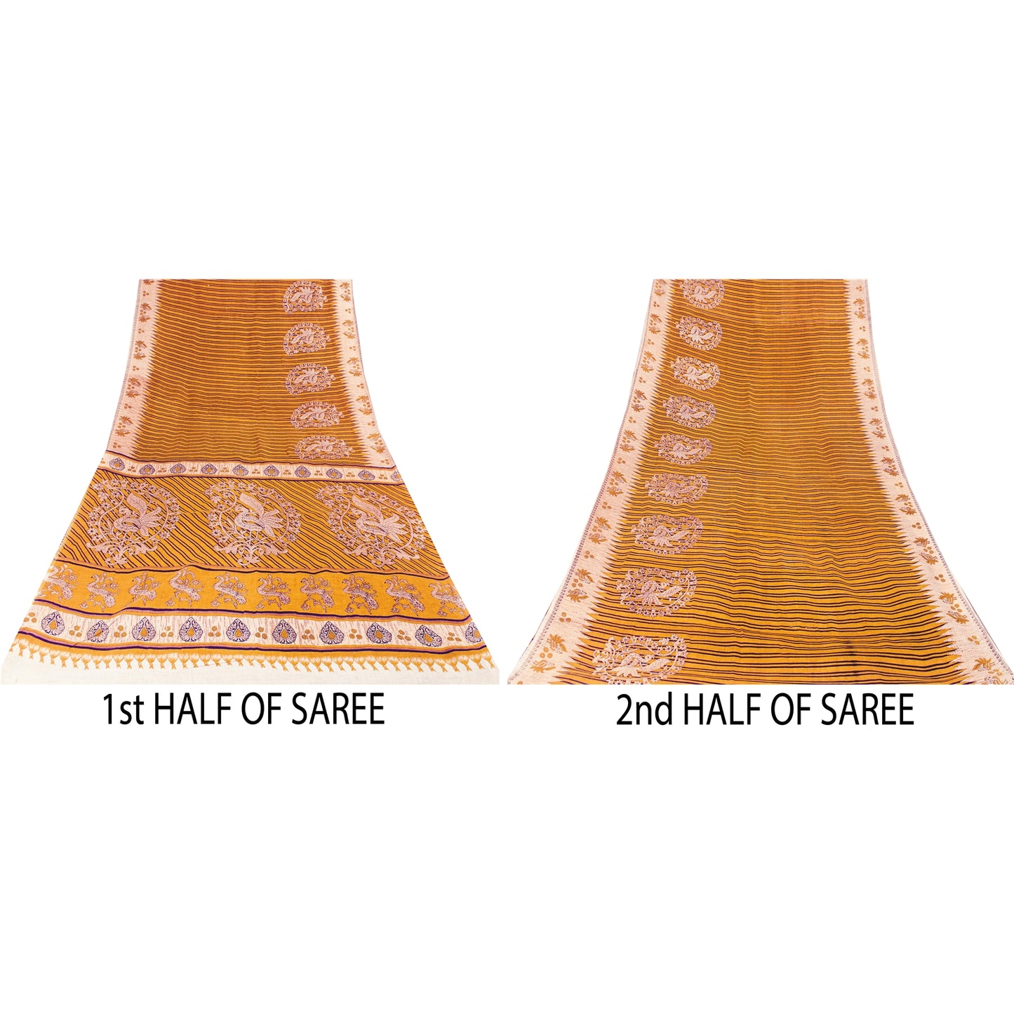 Sanskriti Vintage Sarees Yellow Pure Cotton Peacock Print Sari 5+yd Craft Fabric