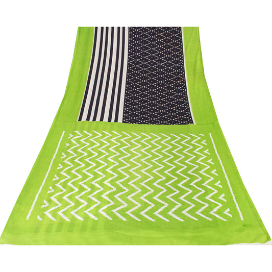 Sanskriti Vintage Sarees Black & Green Pure Cotton Print Sari 6+yd Craft Fabric