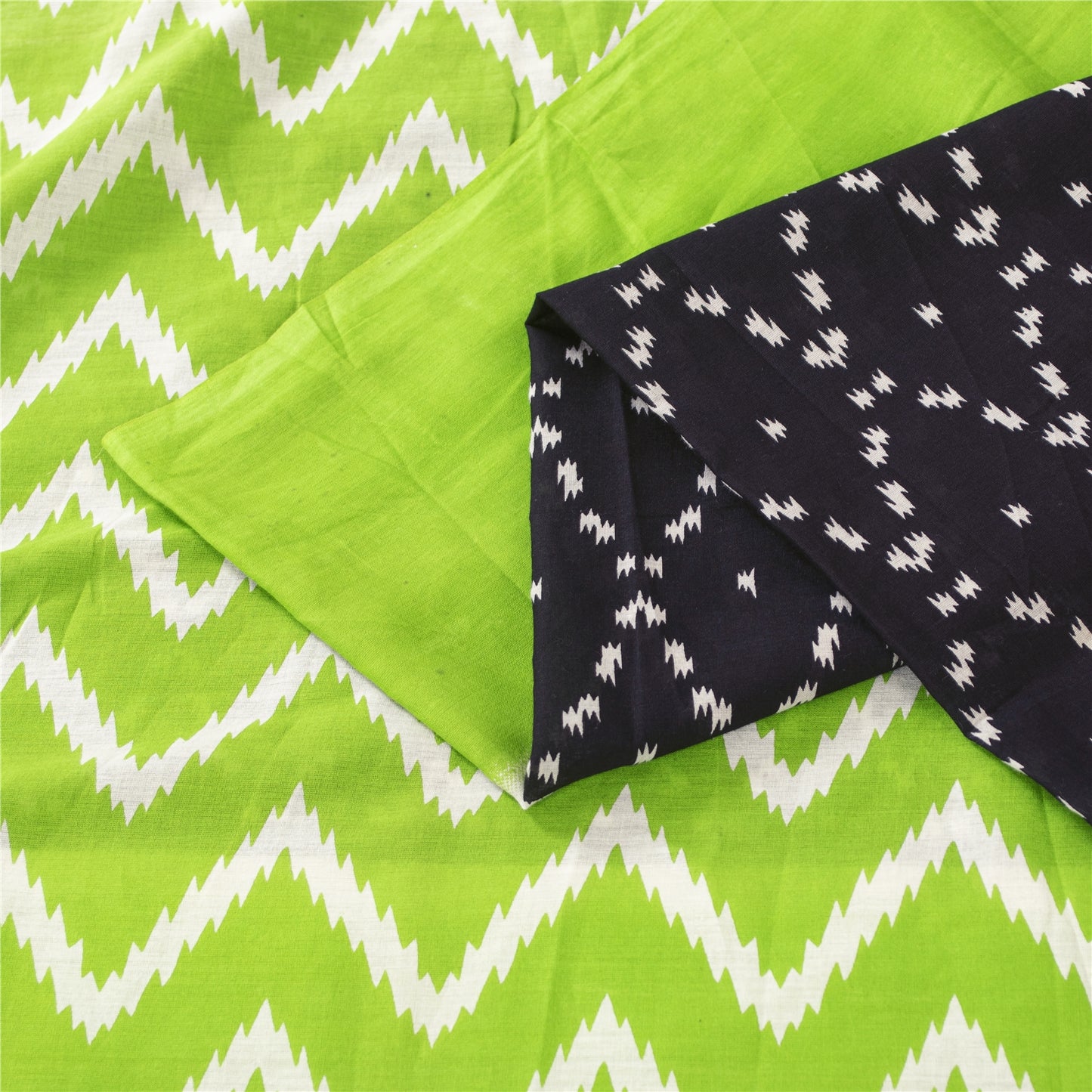 Sanskriti Vintage Sarees Black & Green Pure Cotton Print Sari 6+yd Craft Fabric