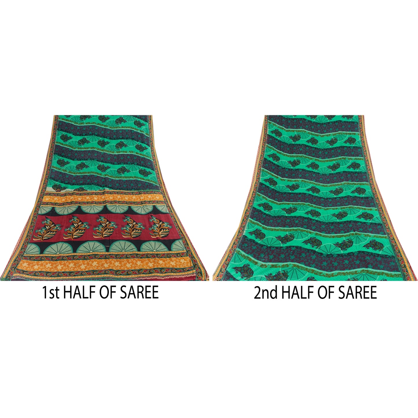 Sanskriti Vintage Sarees Indian Green Pure Cotton Printed Sari 5+yd Craft Fabric