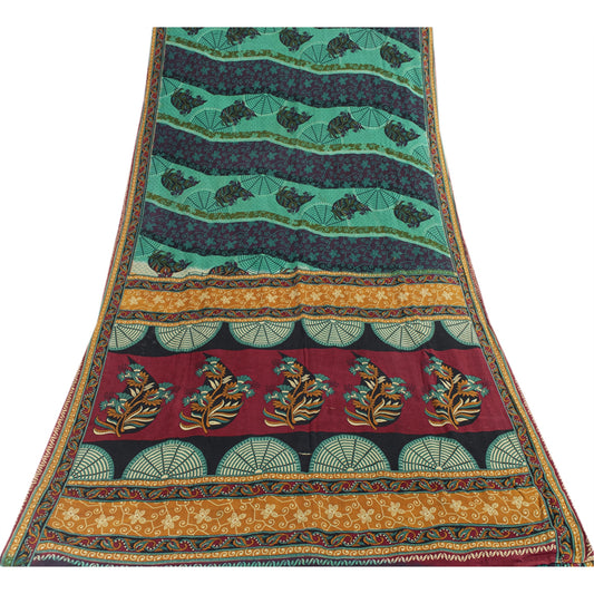 Sanskriti Vintage Sarees Indian Green Pure Cotton Printed Sari 5+yd Craft Fabric