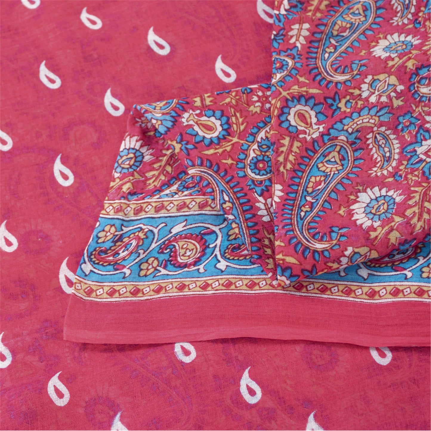 Sanskriti Vintage Sarees Pink Pure Cotton Paisely Printed Sari 6+yd Craft Fabric