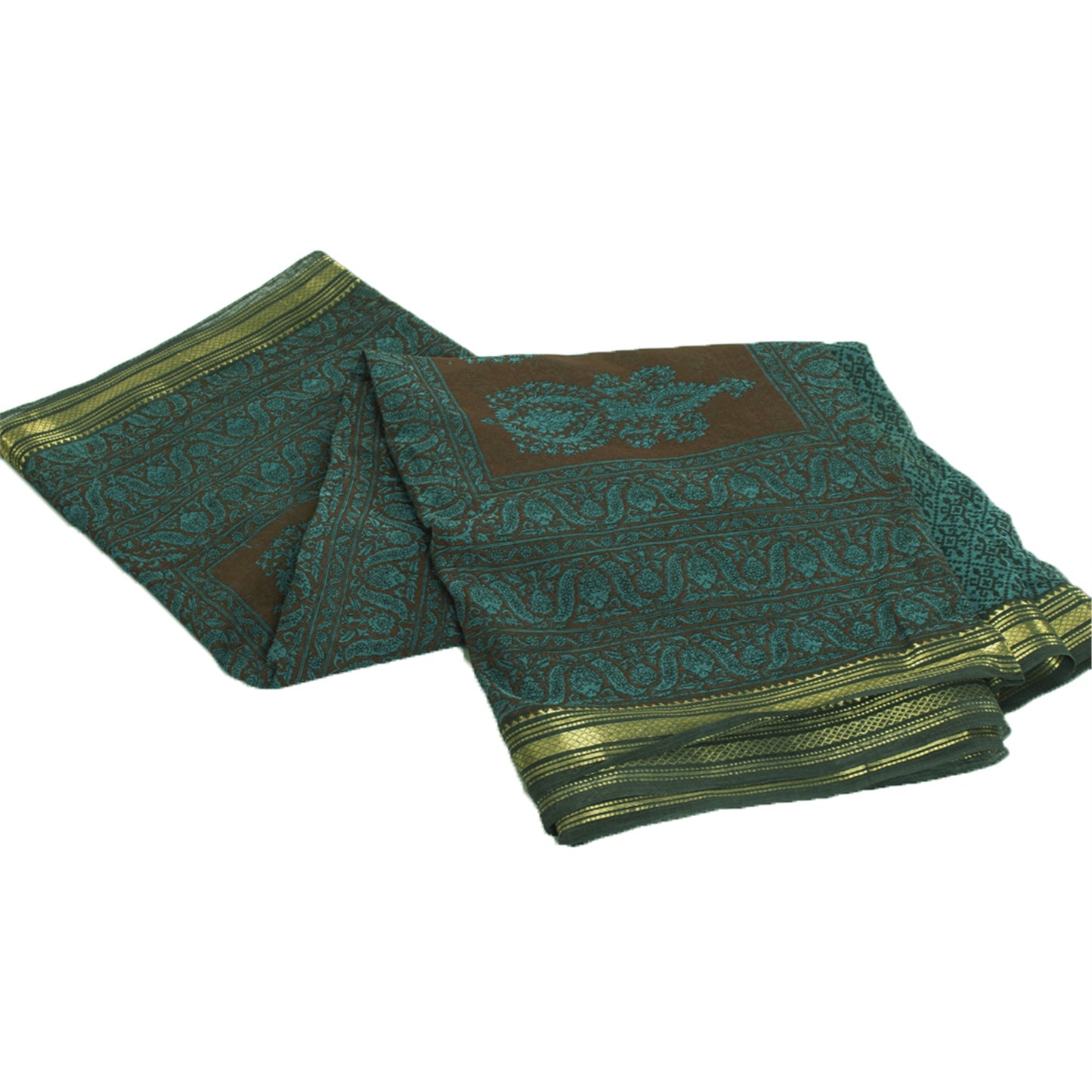 Sanskriti Vintage Sarees Green Zari Border Pure Cotton Printed Sari 5+yd Fabric