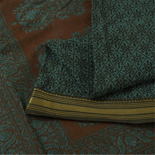Sanskriti Vintage Sarees Green Zari Border Pure Cotton Printed Sari 5+yd Fabric