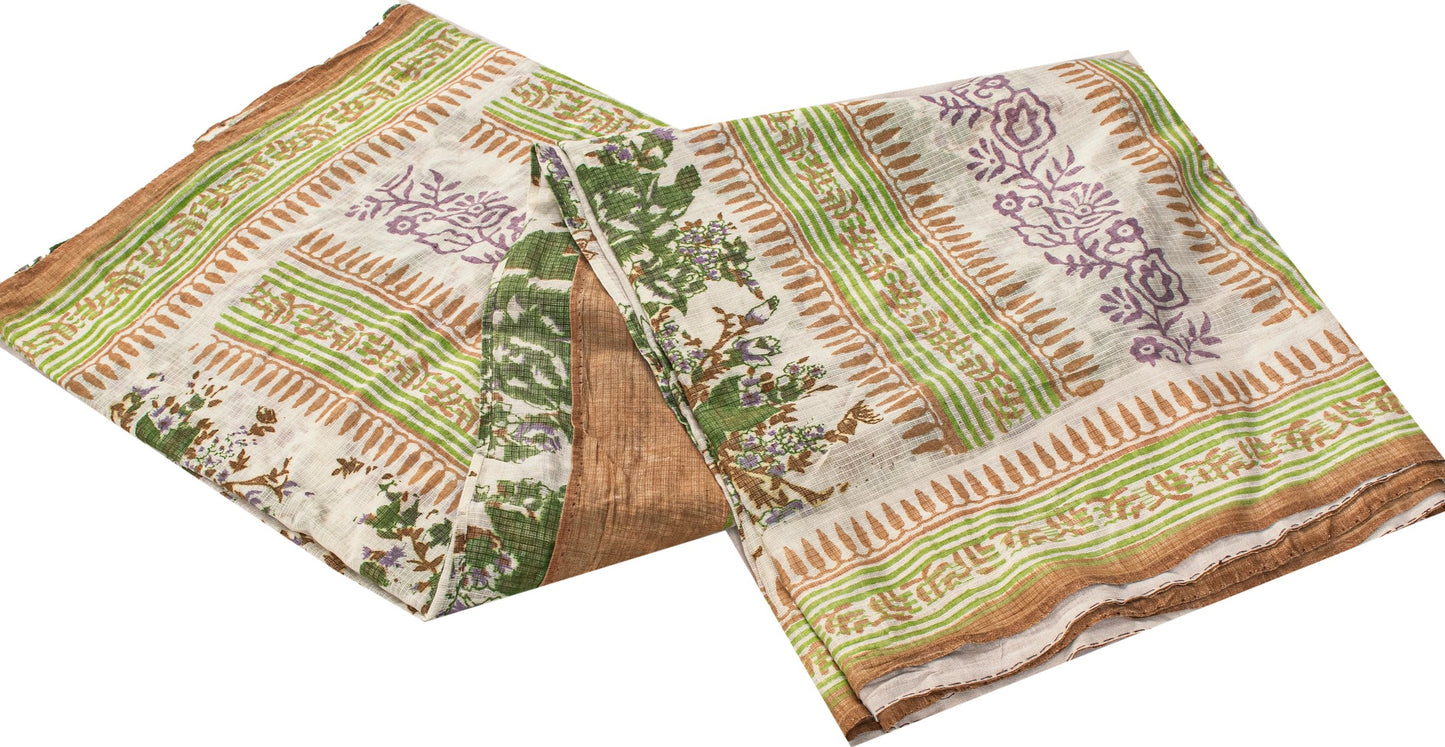 Sanskriti Vintage Sarees White Pure Cotton Floral Print 5+YD Eco-Friendly Sari