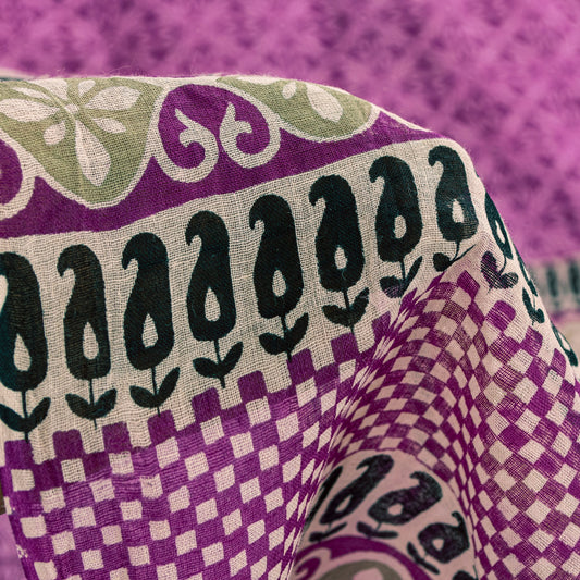 Sanskriti Vintage Sarees Purple Pure Cotton Floral Print 5+YD Craft Indian Sari