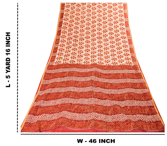 Sanskriti Vintage Sarees Ivory Pure Cotton Floral Block Print 5+YD Textile Sari
