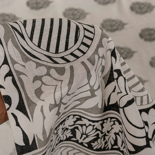 Sanskriti Vintage White-Black Pure Cotton Saree Digital Kalamkari Printed 5.5YD