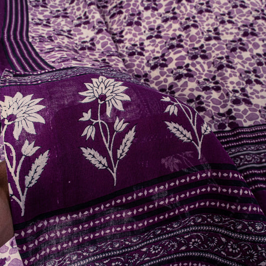 Sanskriti Vintage Soft Purple Pure Cotton Saree Floral Screen Printed Sari 5.5YD