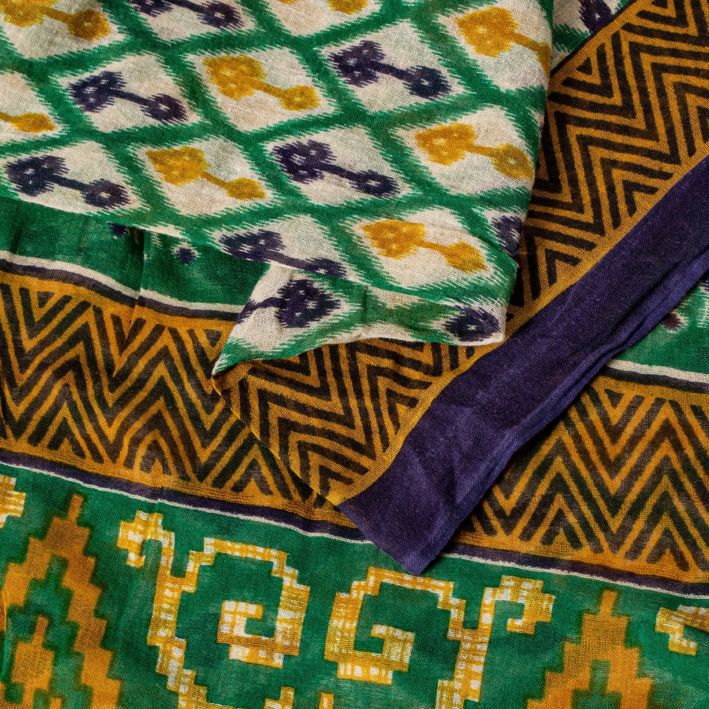 Sanskriti Vintage Green Pure Cotton Saree Patola Ikat Printed Gujrat Sari 5+YD