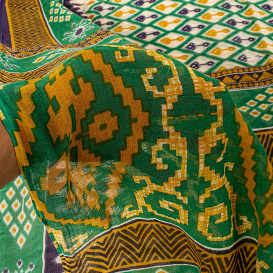 Sanskriti Vintage Green Pure Cotton Saree Patola Ikat Printed Gujrat Sari 5+YD