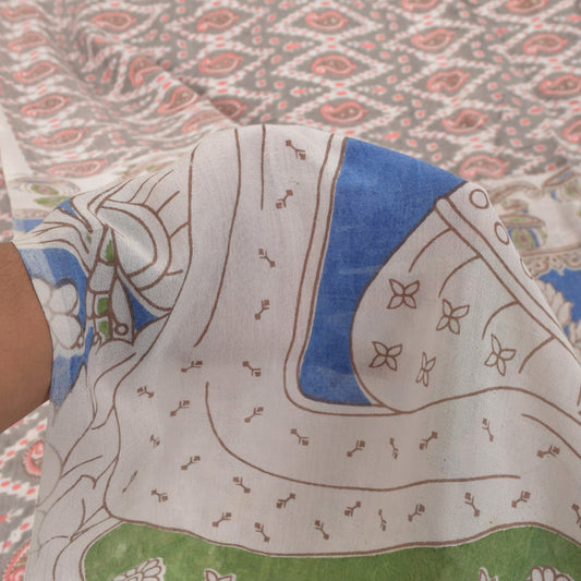 Sanskriti Vintage Soft Gray Pure Cotton Saree Handmade Kalamkari IndiaSari 5.5YD