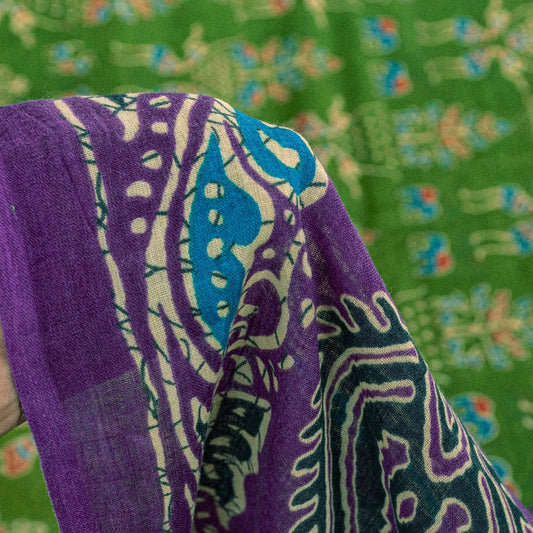 Sanskriti Vintage Saree Green-Purple Pure Cotton Tribal Print Sari 5+YD Fabric