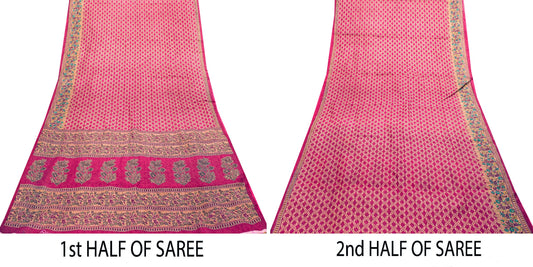 Sanskriti Vintage Craft Sarees Purple Pure Cotton Floral Kantha Print 5+YD Sari