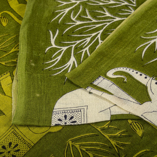 Sanskriti Vintage Saree Green 100% Pure Cotton Elephant Print Sari Fabric 5+Yard