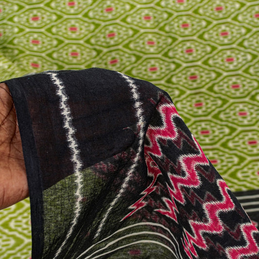 Sanskriti Vintage Sarees Green Pure Cotton Geometric Ikat Print 5+YD Craft Sari