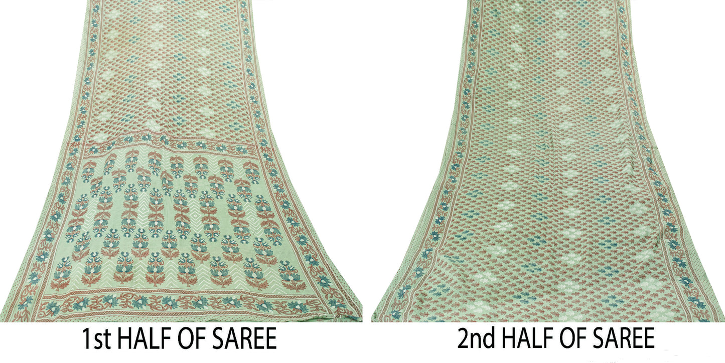 Sanskriti Vintage Sarees Pista Green Pure Cotton Floral Print 5+YD Home DecoSari