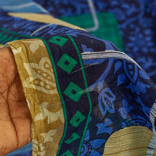 Sanskriti Vintage Sarees Blue 100%Pure Cotton Floral Print 5+YD Sustainable Sari