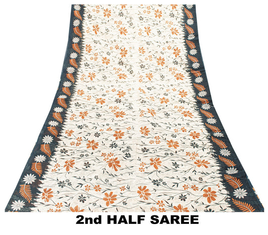 Sanskriti Vintage Sarees Ivory Pure Cotton Floral Print 5+YD Bohemian FabricSari