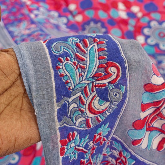 Sanskriti Vintage Sarees Red-Blue Kalamkari Print Pure Cotton 5+YD Textile Sari