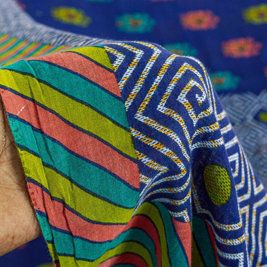 Sanskriti Vintage Sarees Blue Pure Cotton Floral Geometric Print 5+YD FabricSari