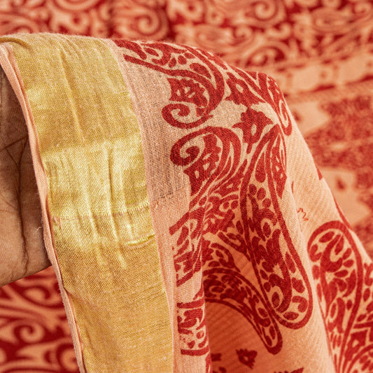 Sanskriti Vintage Sarees Red Pure Cotton Paisley Print 5+YD Sari For Up cyclers