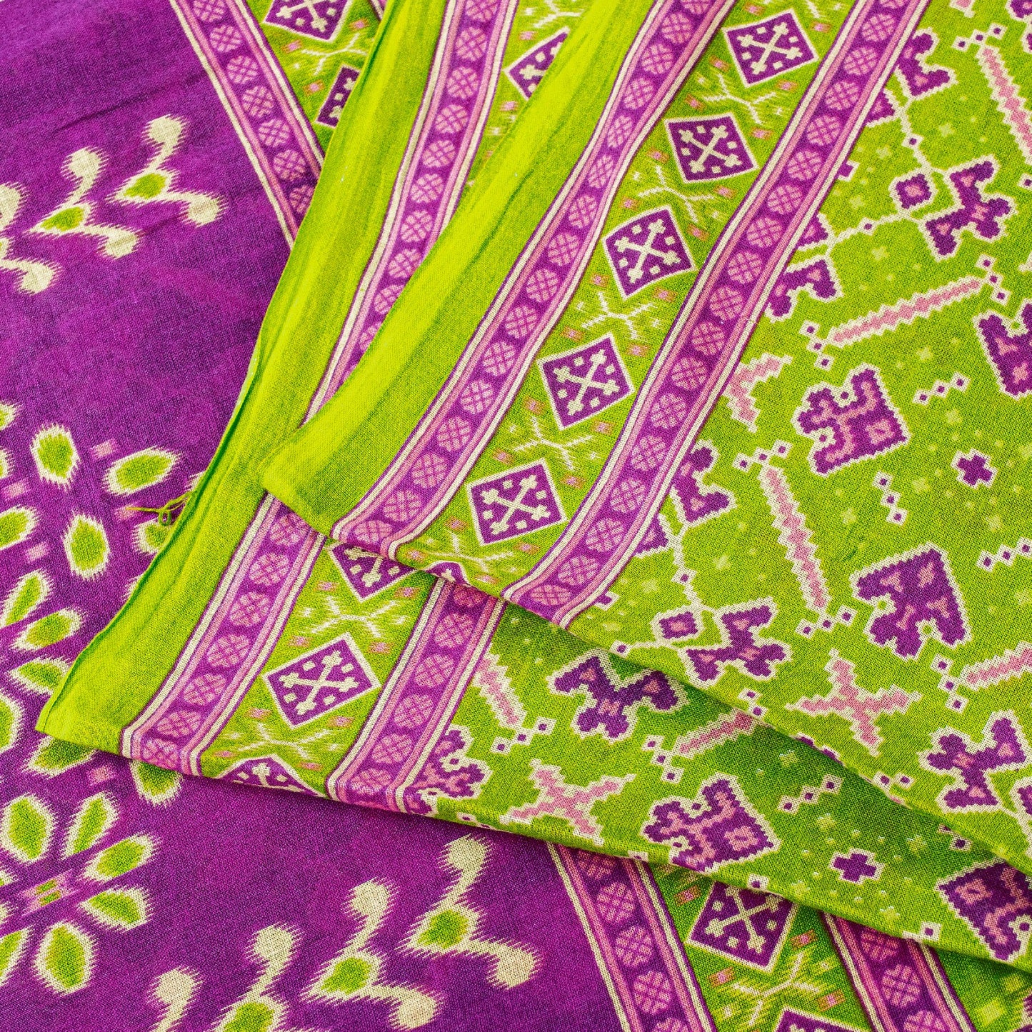 Sanskriti Vintage Sarees Green & Purple Pure Cotton Ikat Patola Print 5+YD Sari