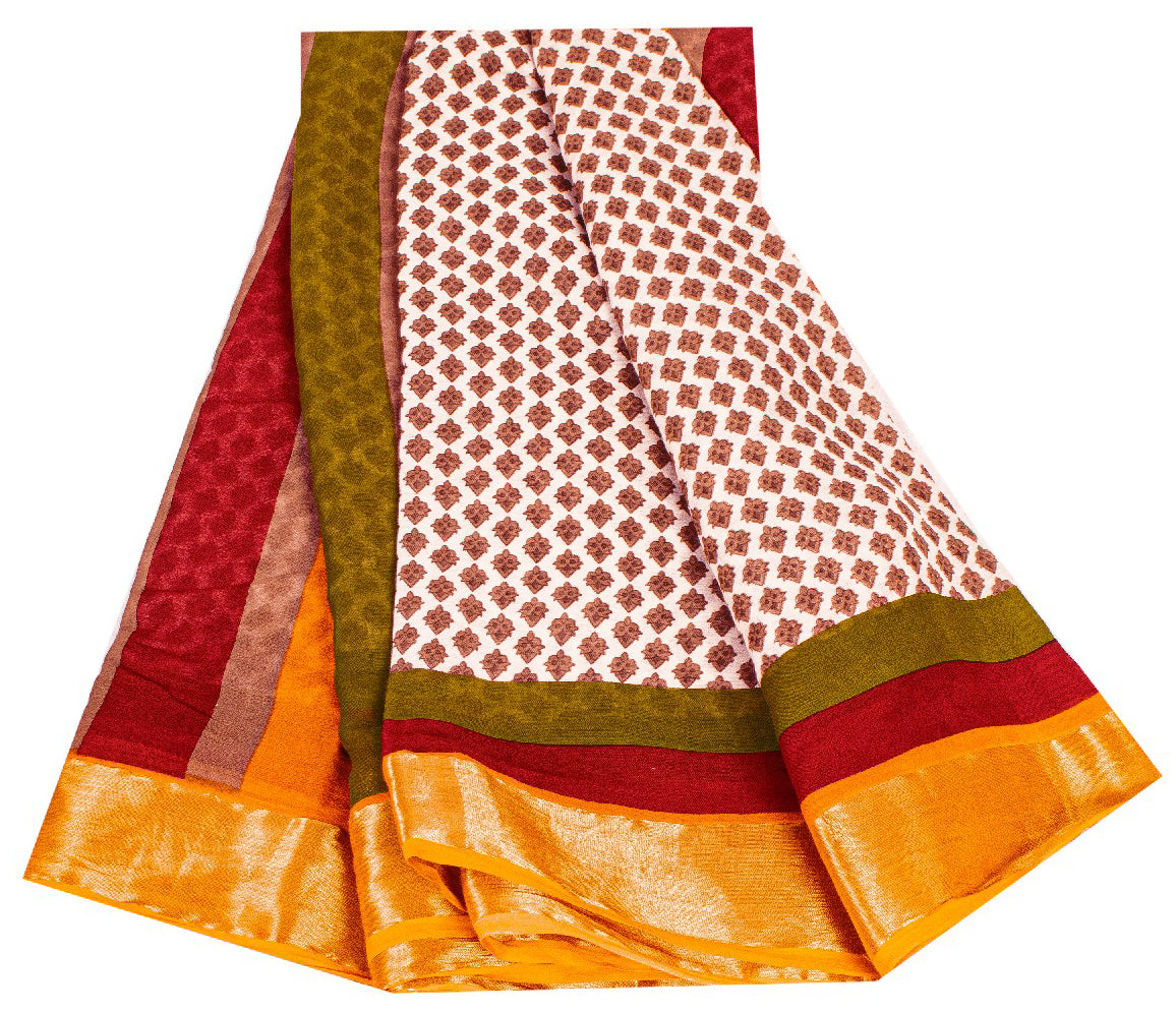 Sanskriti Vintage Sarees Ivory Pure Cotton Hand Block Print & Woven 5+YD Sari