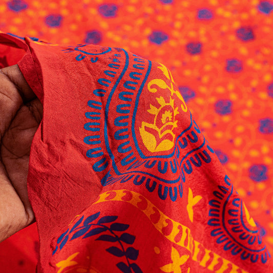 Sanskriti Vintage Sarees Red Pure Cotton Floral Print 5+YD Sustainable CraftSari